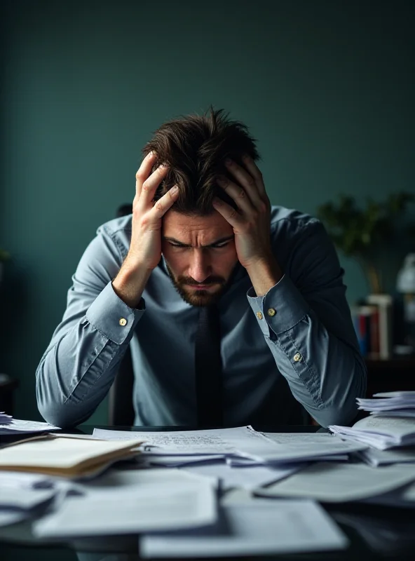 A stressed employee sitting at a desk surrounded by bills.