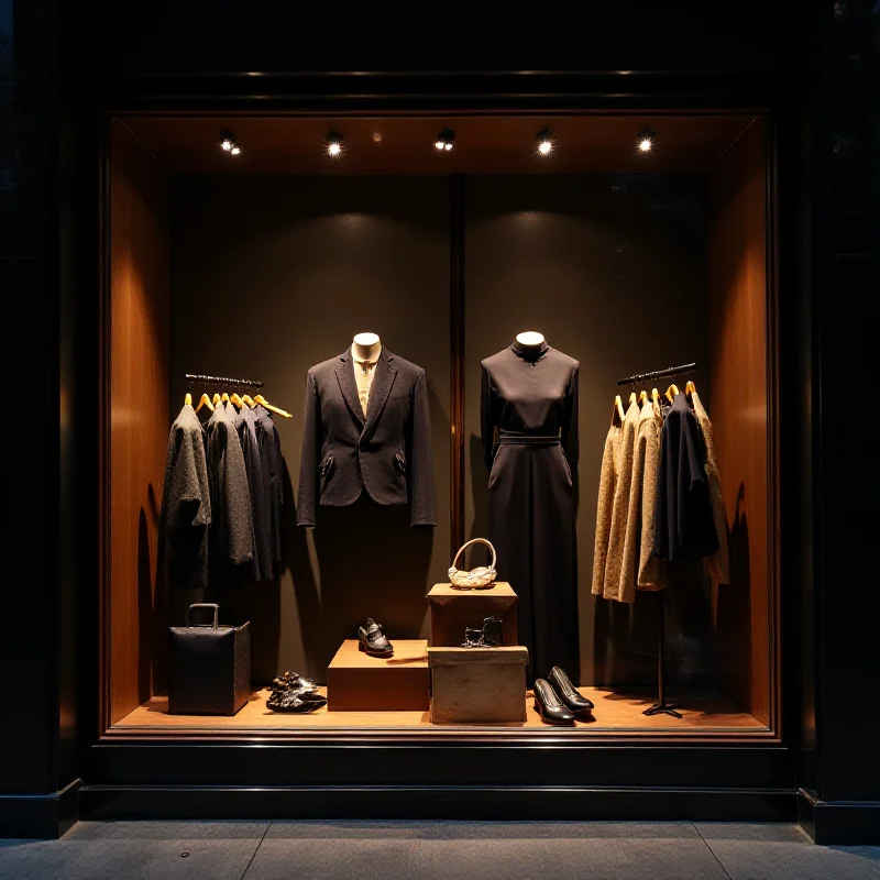 A high-end fashion store window display showing luxury clothing and accessories, emphasizing craftsmanship and design.