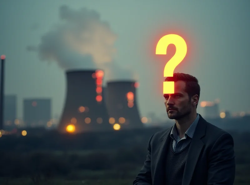 Illustration of a businessman looking at a nuclear power plant with a question mark above his head