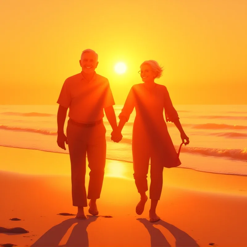 Illustration of an elderly couple smiling and holding hands, walking on a beach at sunset