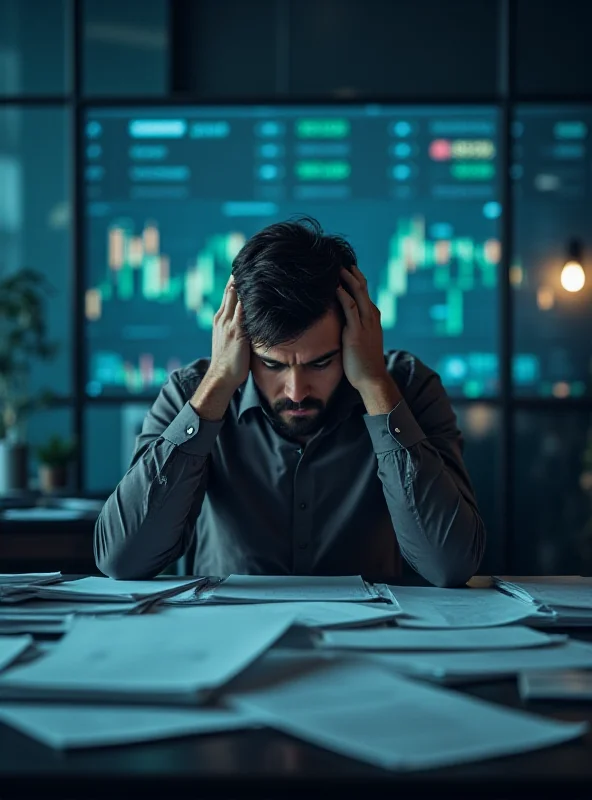 A person sitting at a desk looking stressed in a modern office environment