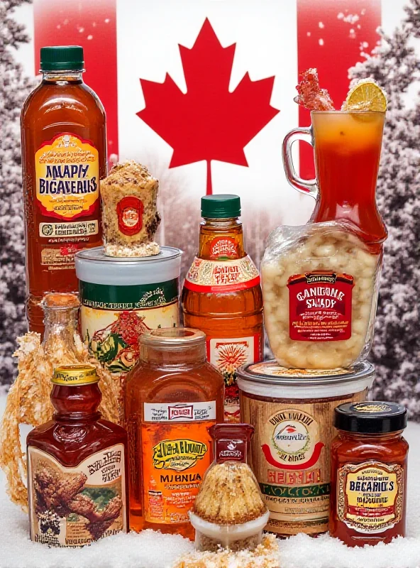 A collage of Canadian products with a Canadian flag in the background