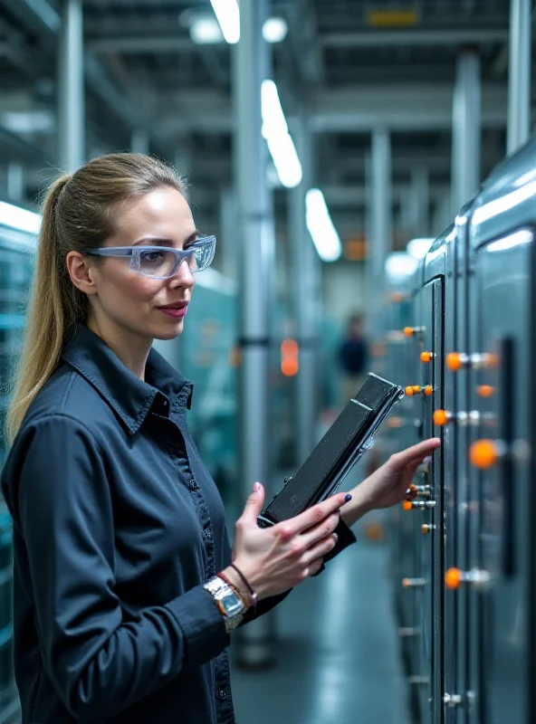 Illustration of a woman working on a complex automation system.