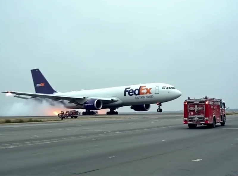 A FedEx cargo plane making an emergency landing with smoke billowing from an engine.