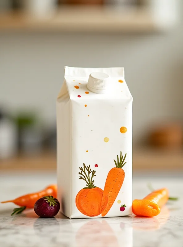 A carton of milk with subtle vegetable illustrations, marketed towards children, placed on a kitchen counter.