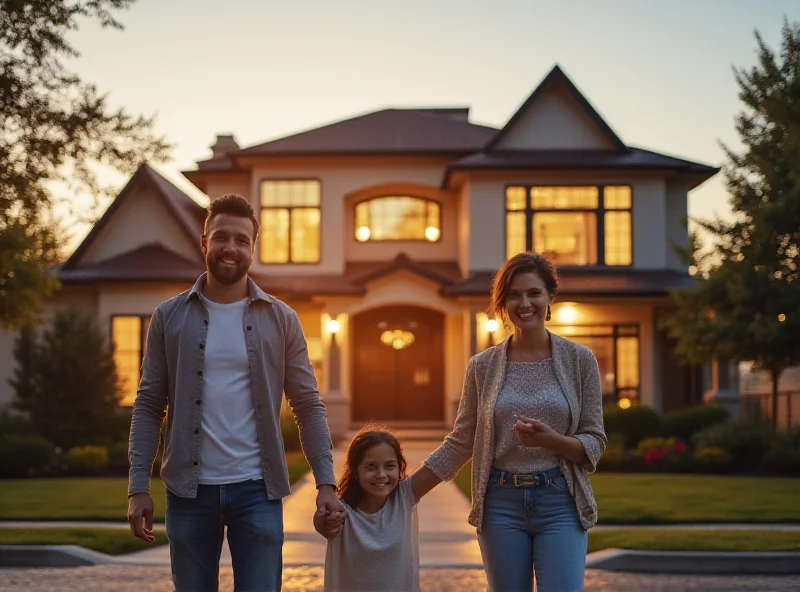 A family happily standing in front of their newly renovated home, implying the use of a home equity loan for the project.