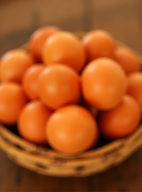 Close-up of a basket of brown eggs.