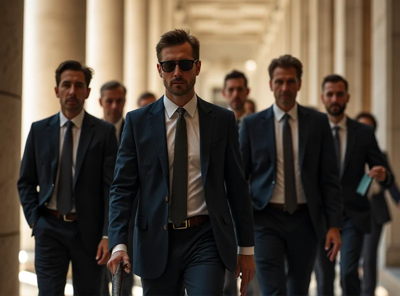 A group of lobbyists in suits walking through a government building, looking determined and serious.