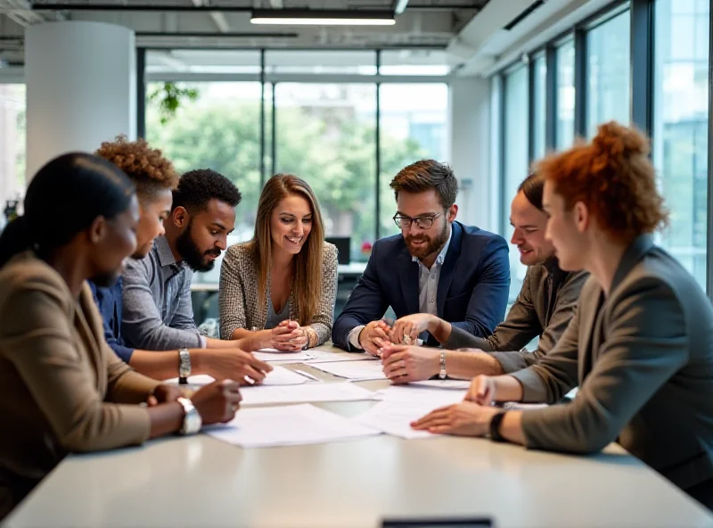 Diverse group of professionals working collaboratively in a modern office space