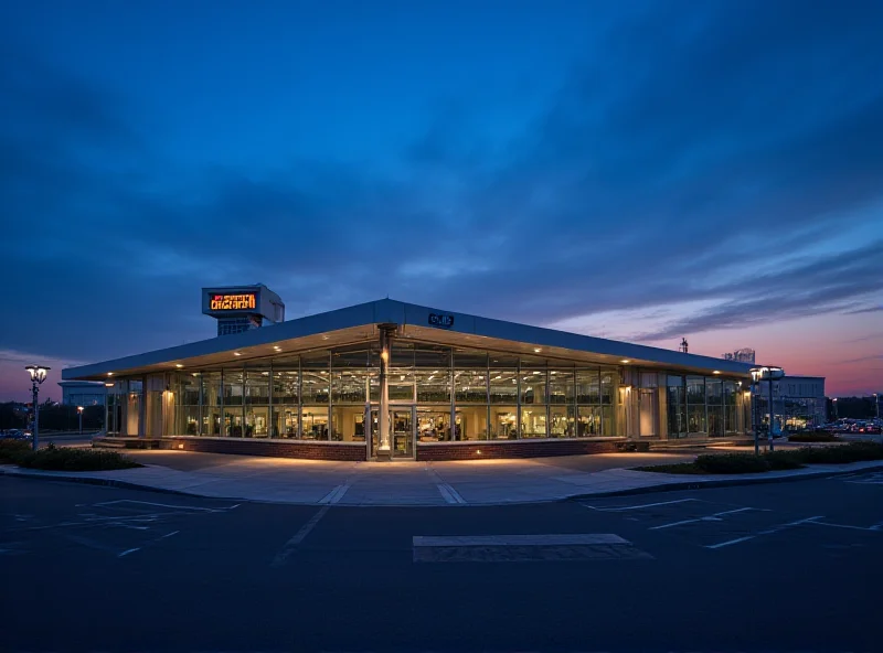 Exterior of the Ostrava Airport terminal at dusk