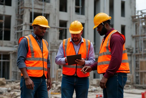 A diverse group of people working together on a construction site.