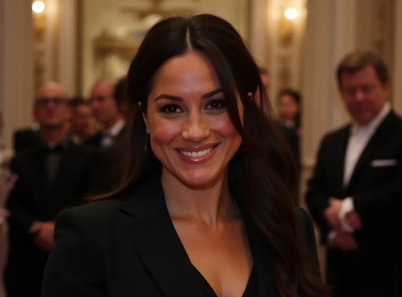 Meghan Markle smiling warmly at an event, wearing a stylish outfit, with a blurred background showing other attendees and decorations.