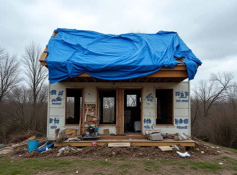 Illustration of a house being rebuilt after a natural disaster.