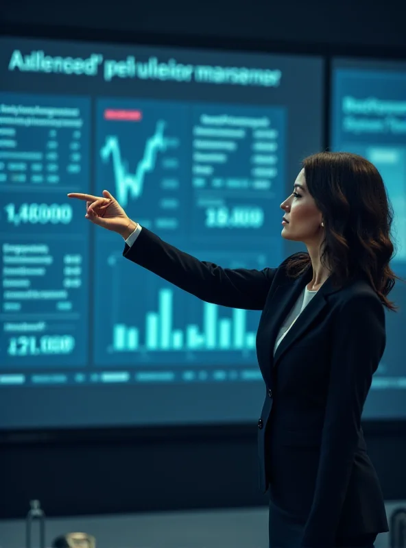 A professional businesswoman in a suit presenting financial data on a large screen during an earnings call.