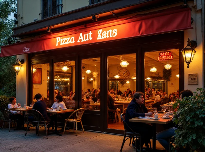 Exterior of a PizzAut restaurant with people dining outside.