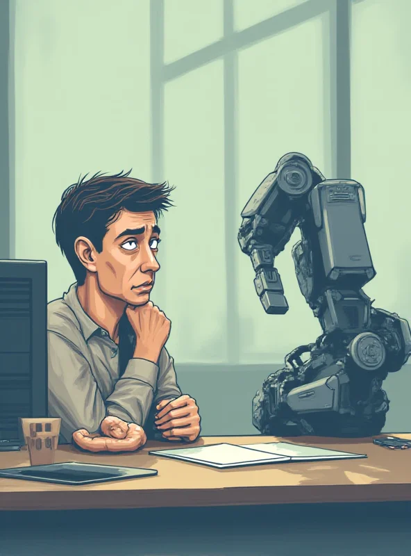 Illustration of a robot arm replacing a human worker at a desk, with a worried expression on the human's face.