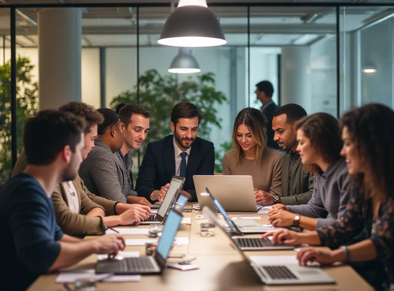 A diverse group of people working together in a modern office environment.