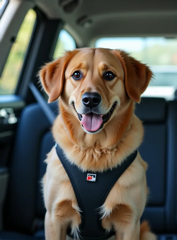 A dog safely secured in a car with a harness and seatbelt attachment