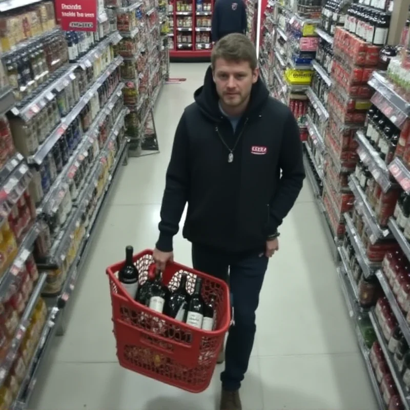 A CCTV still of a person casually walking out of a grocery store with a basket of items.