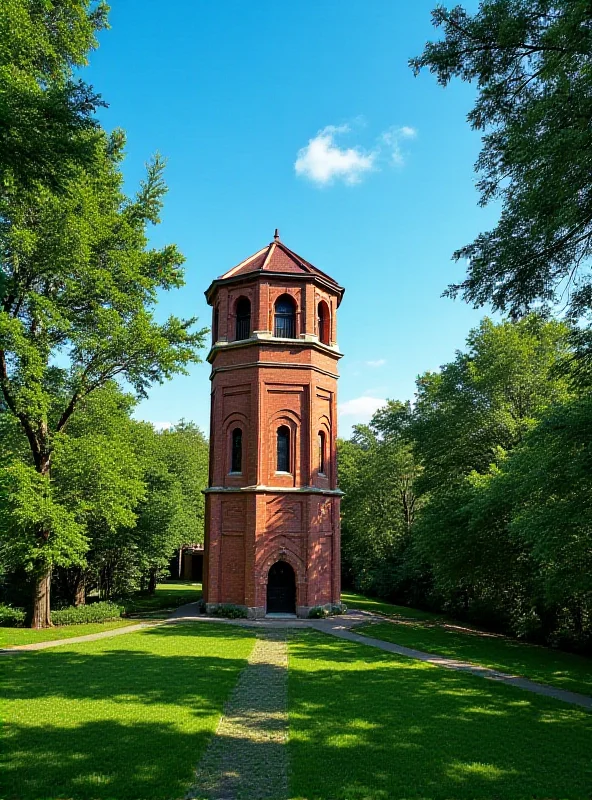 A picturesque water tower in a park-like setting