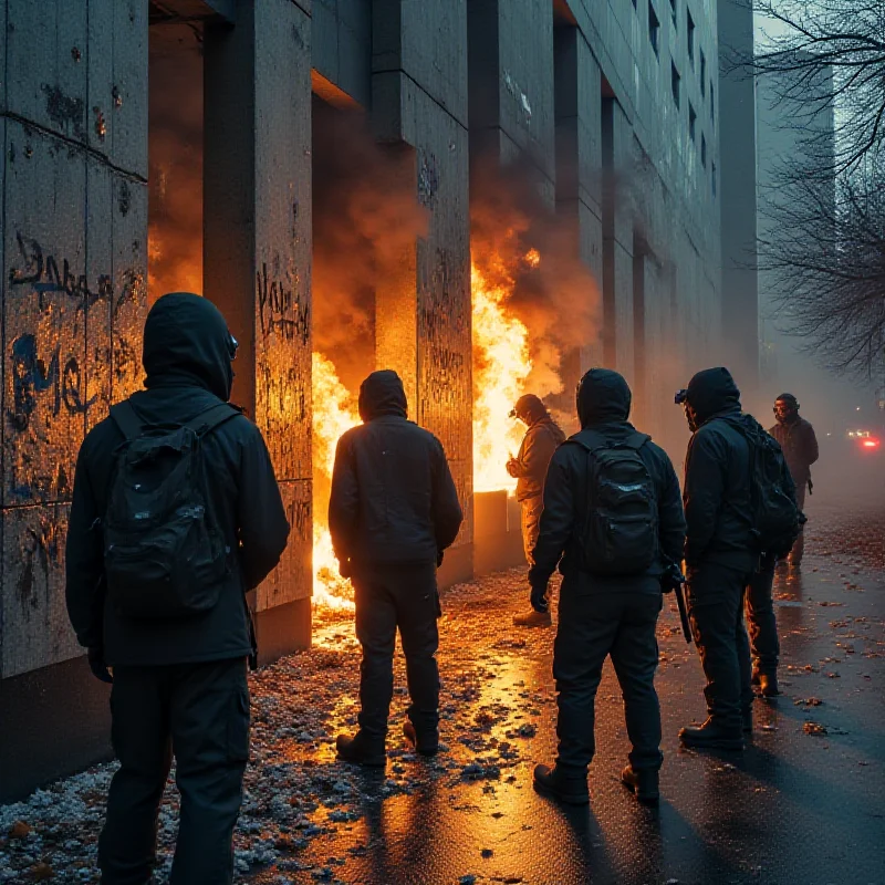 A group of masked vandals defacing a building with graffiti.