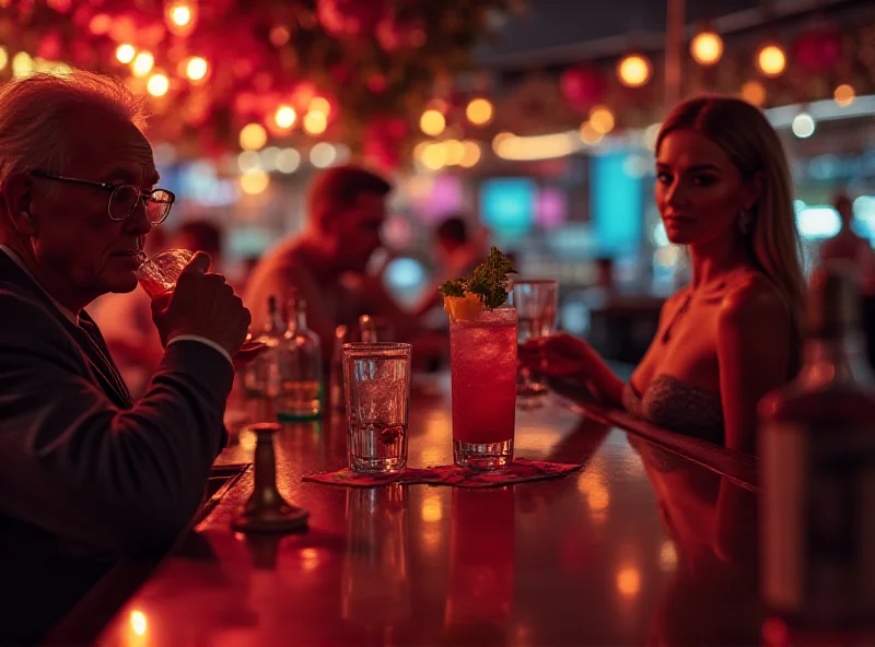 Illustration of baby boomer enjoying a cocktail at a bar while younger generations look on.