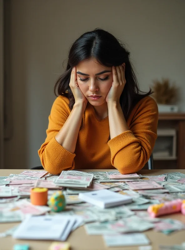 A stressed-looking millennial mother surrounded by bills and childcare items.