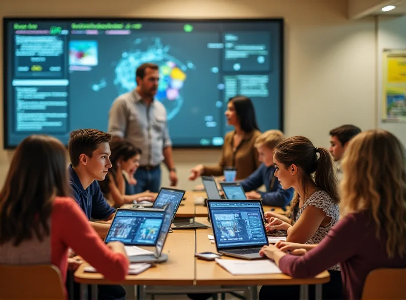 A teacher supervises students using AI writing tools in a classroom setting.