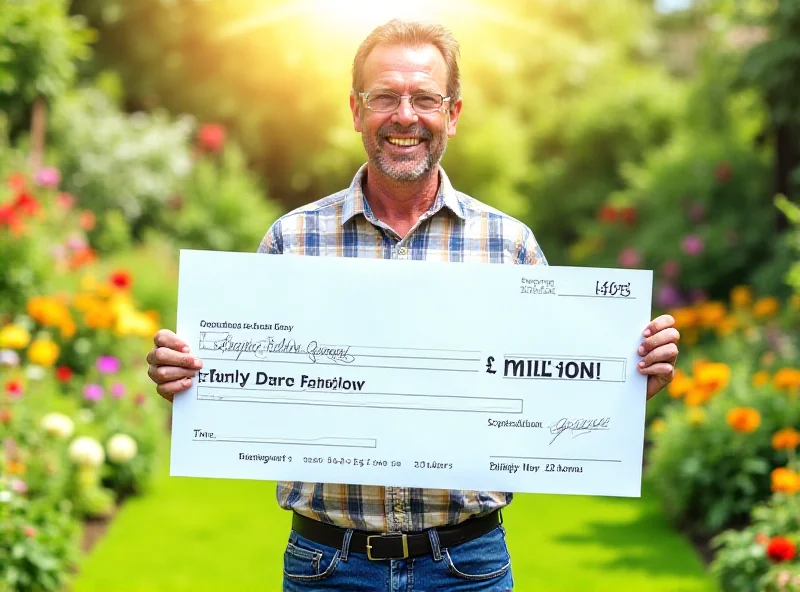 A gardener smiling and holding a large check for £1 million in a sunny garden.