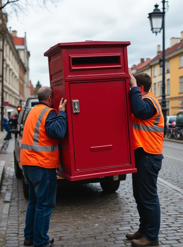 A classic red Danish postbox being removed from a street corner in Copenhagen.