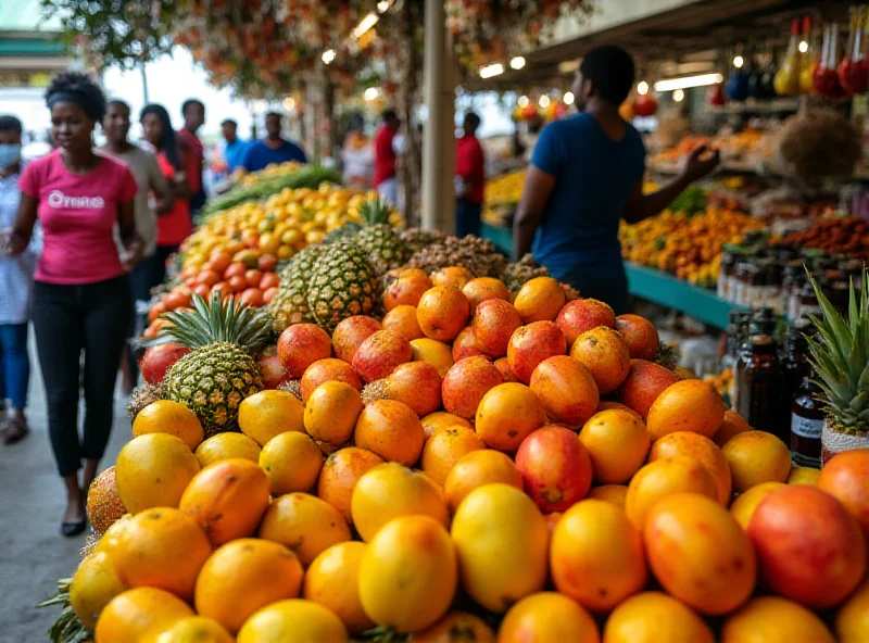 A bustling market scene in Martinique with various products on display