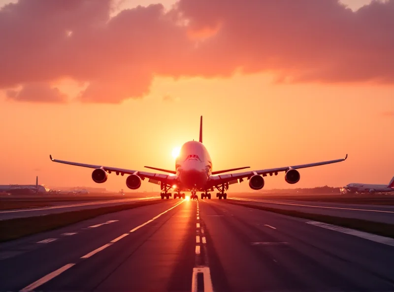 An Emirates A380 aircraft taking off from an airport runway at sunset.