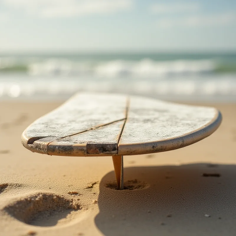 A close-up shot of a surfboard made from repurposed wind turbine blade material, showcasing the texture and construction.