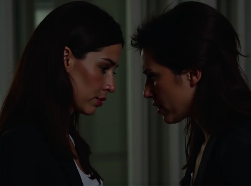 Two people having a hushed conversation indoors, looking concerned.