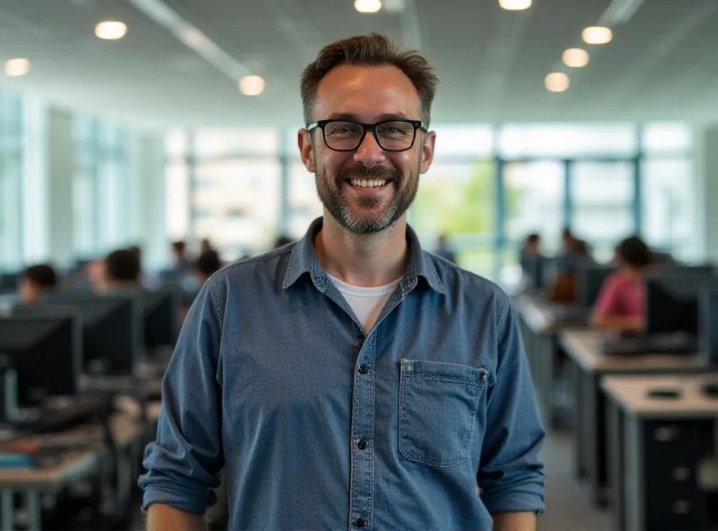 Portrait of a smiling teacher in a modern classroom.