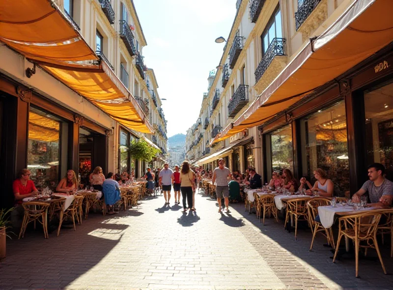 A bustling street scene with a variety of shops, cafes, and people shopping.