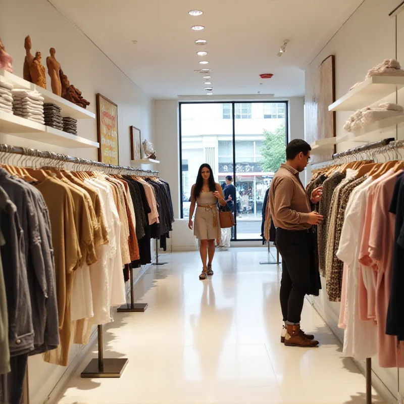 A modern retail store interior with mannequins displaying clothing and customers browsing.