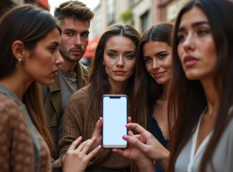 A diverse group of young adults looking at a smartphone with a concerned expression, representing the PrettyLittleThing Instagram backlash.