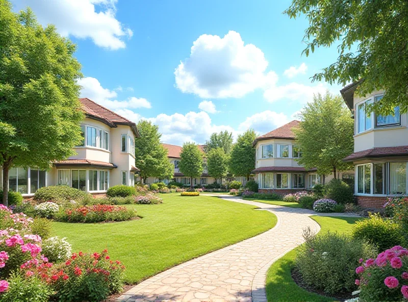 A serene image of a retirement village with beautifully landscaped gardens and comfortable-looking residences.