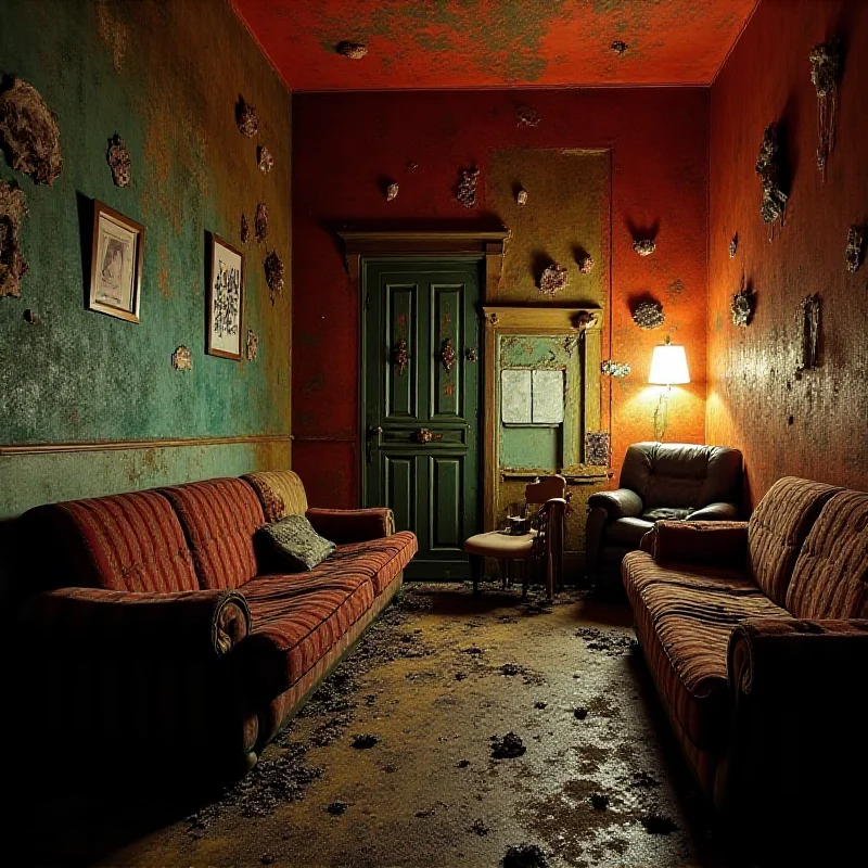 A surreal and slightly unsettling image of the interior of a bungalow, with unusual art installations and a slightly chaotic arrangement.