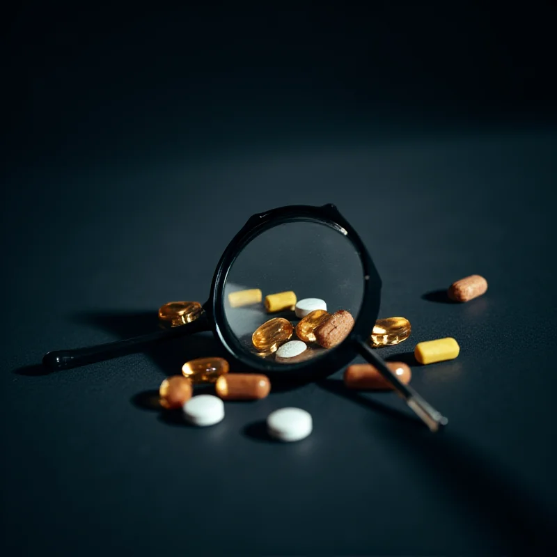 Close-up image of supplement pills with a magnifying glass over them, symbolizing scrutiny and regulation.