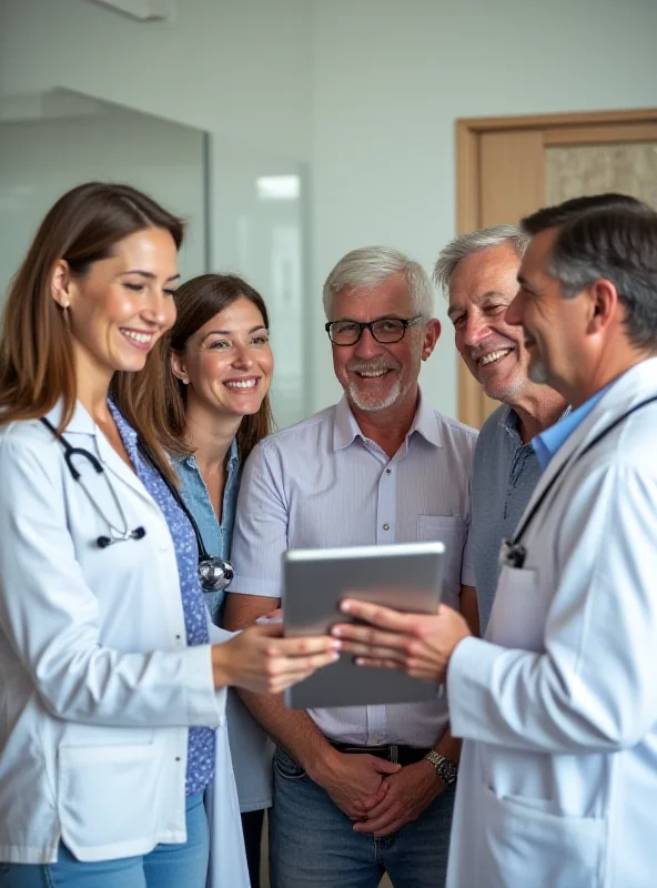 A happy family consulting a doctor.