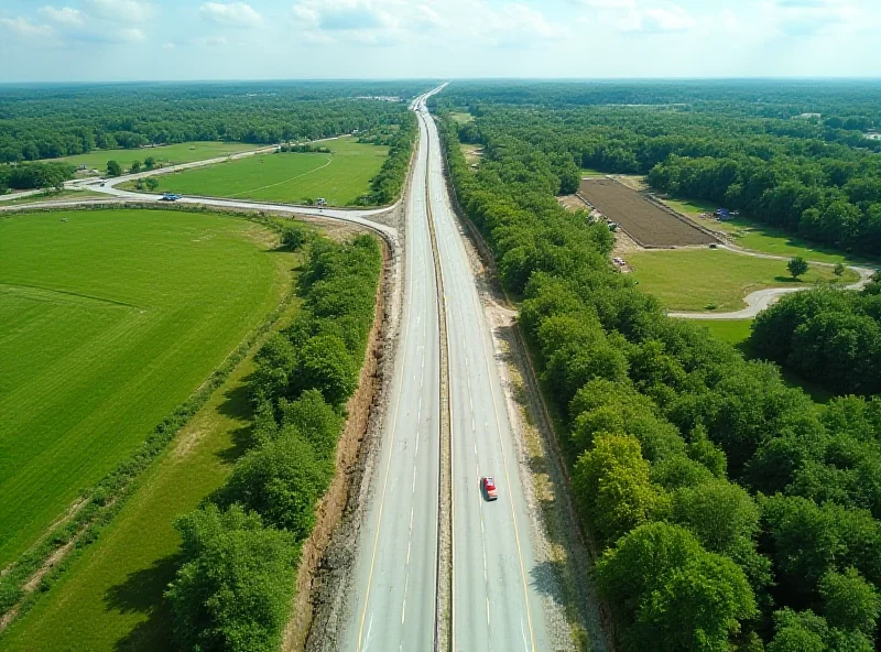 Aerial view of a partially constructed highway cutting through a rural landscape, highlighting the environmental impact of infrastructure projects.