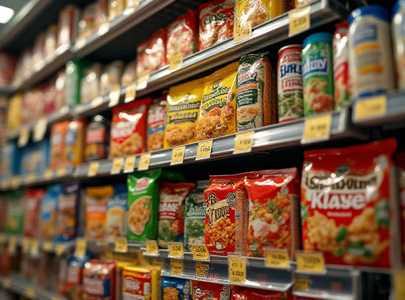 A close-up shot of a variety of processed supermarket products with prominent price tags, emphasizing the concept of cheap but unhealthy food.