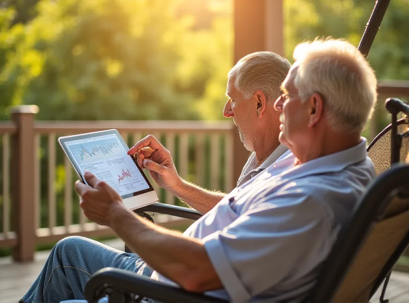 An elderly couple sitting on a porch swing, looking at a tablet and discussing finances.