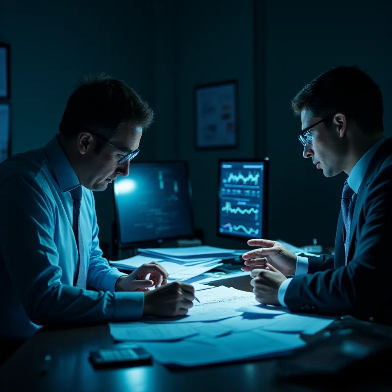 Forensic accountants examining financial documents and computer screens in a darkened office.