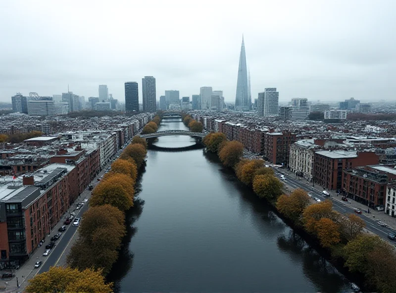 Aerial view of Dublin, Ireland, with modern buildings and the River Liffey flowing through the city.