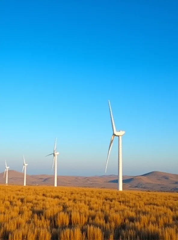 Wind turbines in a vast, open landscape in Kazakhstan, with a clear blue sky in the background.