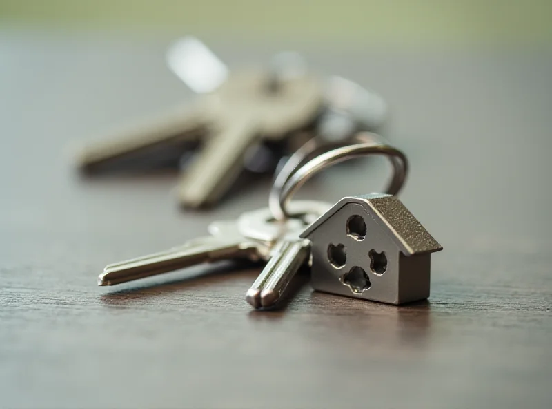 Close-up of a set of keys on a table, with a house-shaped keychain attached.