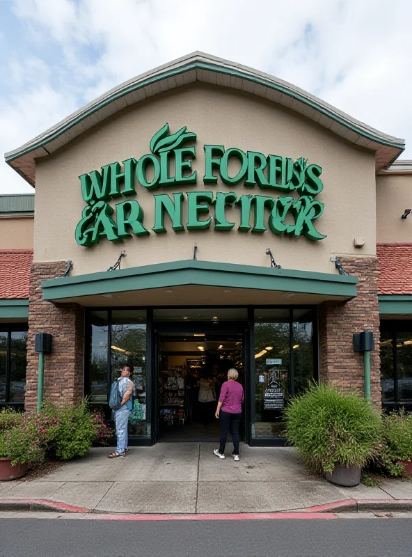 Exterior of a Whole Foods Market store with a slightly tilted appearance, symbolizing the lawsuit.